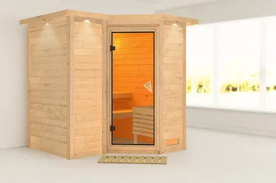Produktbild von Elementsauna Karibu Melanit 1 ohne Ofen mit Dachkranz und bronzierter Ganzglastüre