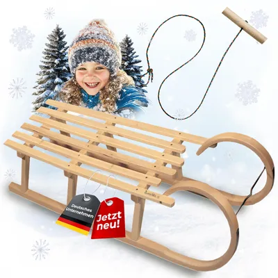 Produktbild von BAMBINIWELT Hörnerrodel Holzschlitten mit Zugseil Kinder Schlitten 120cm HOLZ