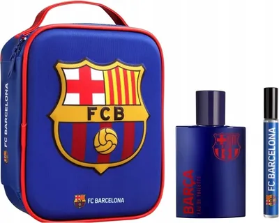 A gift set containing a toiletry bag and two bottles of perfume, all branded with the FC Barcelona logo.