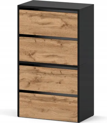 A modern shoe cabinet with four drawers, featuring a black frame and wood-effect drawer fronts.