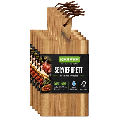 Produktbild von KESPER Schneidebrett, Servierbrett mit Griff und Lederband, 5er Set, 35x18cm, Akazie, 2819115