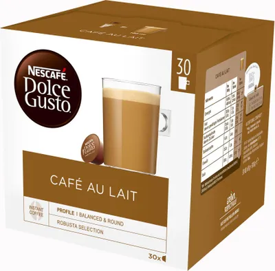 A box of Nescafé Dolce Gusto Café au Lait coffee pods.
