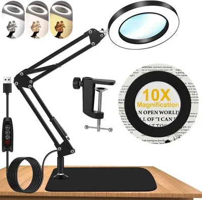 Produktbild von Unyqoos® Tischlupe mit Beleuchtung & Ständer – 10× Glaslinse (4,3 Zoll), 3 Farbmodi, 10 Helligkeitsstufen, 72 LEDs, 360° schwenkbar, Clip/Standfuß