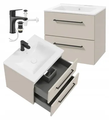 Produktbild von Hängender Waschtischunterschrank Set Kaschmir 60cm mit Keramikbecken & schwarzer Armatur