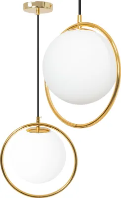Two modern pendant lights with white glass globes and gold circular frames, suspended against a white background.