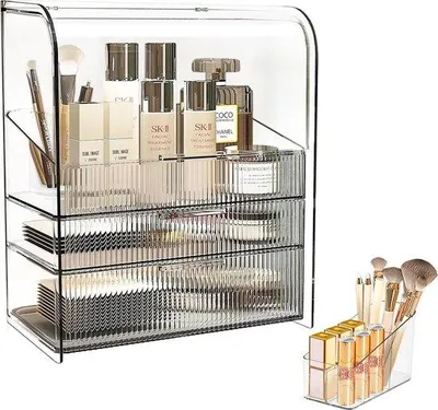 Produktbild von Make-up-Organizer mit Ladung, stoffreundliche dreifach schließfähige Make-up-Box mit Deckel, Tischschmink-Organizer mit großer Kapazität, Make-up-Organizer für Schlafzimmer, Badezimmer (hell, transparent)