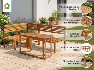 Image de Ensemble table de balcon avec banc d'angle – Bois d'acacia, dimensions approximatives : 150 x 100 x 90 cm