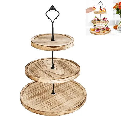 Produktbild von 3 Etagen Holz Servierständer mit Metallgriff, Etageren, für Hochzeit, Heimdekoration,Tischdeko, Desser, 25*36cm