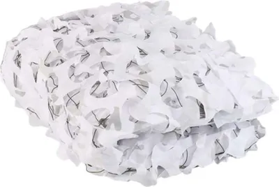 A folded white camouflage net is shown against a white background.