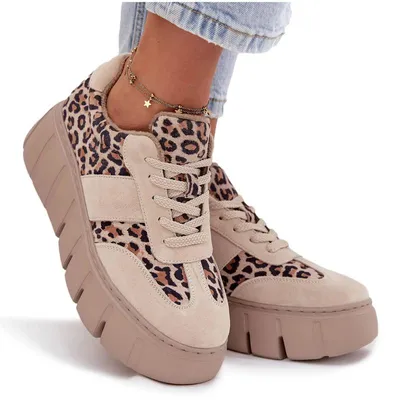 Zdjęcie produktu dla Zamszowe Ocieplane Sneakersy Damskie Na Masywnej Platformie Vinceza 66841 Panterka Beżowe 36
