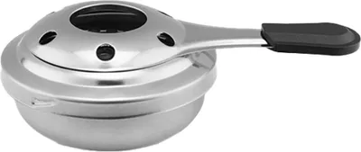 A silver fondue burner with a black handle, shown from a side angle against a white background.