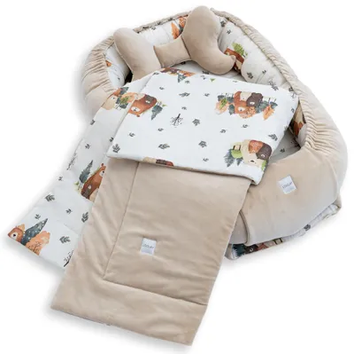 BABYNEST + DECKE + Kissen BEIGE Samt Velour/ Beige Bärchen Familie Baumwolle