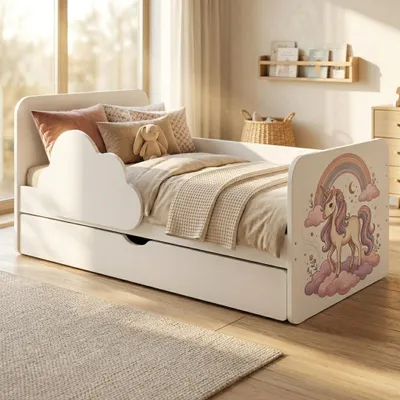 Image de Lit d'enfant complet 140 x 70 cm, blanc | Avec barrière de sécurité, tiroir et matelas | Lit au motif nuages