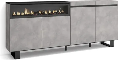 Image de COZY Buffet salon et cuisine, 200x35x87cm, 4 Portes, Cheminée électrique, Ciment