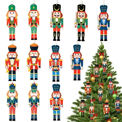 12er Set Nussknacker-Anhänger aus Holz, 6 Motive, Weihnachtsdeko