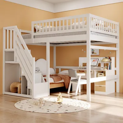 Productafbeelding van Kinderbed 140x200 cm met trap en opbergruimte, hoogslaper met schapjes, hoge bescherming tegen uitvallen, massief hout, ruimtebesparend, tienerbed, wit