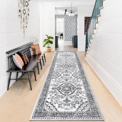 Productafbeelding van Läufer, tapijt, 80 x 300 cm, grijs, antislip, wasbaar, retro-stijl, zacht