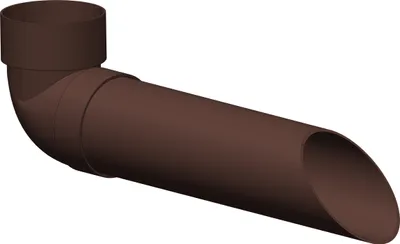 A brown PVC downspout elbow with an extended outlet.