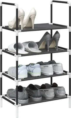 A shoe rack with several pairs of shoes on different shelves.