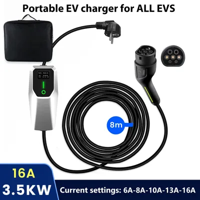 Obrázok produktu pre Hexinex Typ2 EV, prenosná mobilná nabíjačka pre elektromobily, nabíjací kábel 3,5 kW, 6-16A, jednofázový, 8 metrov, konektor CEE, ochrana IP65, 230V, LCD displej