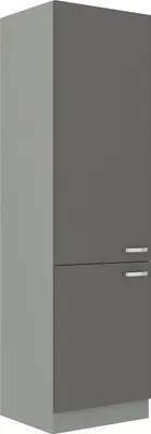 Produktbild von Grey Bianca Hochschrank, Grau Hochglanz, Höhe 210 cm x Breite 60 cm x Tiefe 55 cm, 2 Türen, 5 Böden, Scharniere mit Dämpfer, freistehend, aus Spanplatte, Folie, ABS Dickkante, Laminat, Metall Chromoptik, 122 cm Nischenmaß
