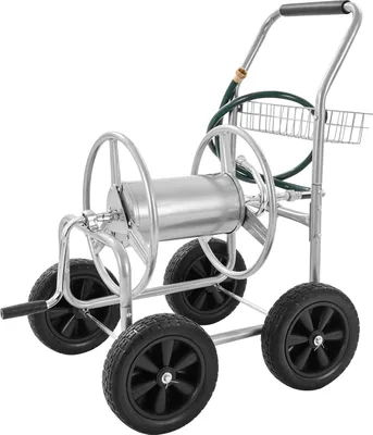 Immagine prodotto di Carrello portagomma SucceBuy - contiene fino a 300 metri di tubo da 5/8 di pollice. Robusta struttura in acciaio per uso esterno. Ideale per giardini, cortili e prati. Mobile e pratico.