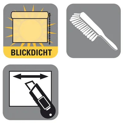 Three icons representing product features: light-blocking, cleaning instructions, and cutting instructions.