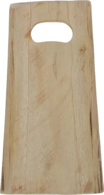 A wooden cutting board with a handle is shown against a white background.