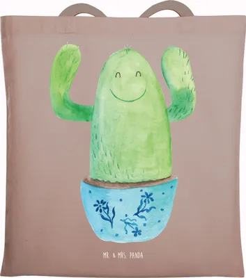 Produktbild von Mr. & Mrs. Panda Tote Bag Kaktus Happy - Braun Pastell - Geschenk, Uni Tasche, Ausbildung, Freundin, Kollegin, Kakteen, Schultasche, Familie, Mutter, Laptoptasche