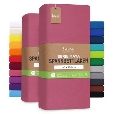Produktbild von Lavea® 2er Pack Jersey Spannbettlaken 120x200cm, 100% Baumwolle – Weiches Bettlaken für Matratzen bis 20 cm Höhe – Koralle