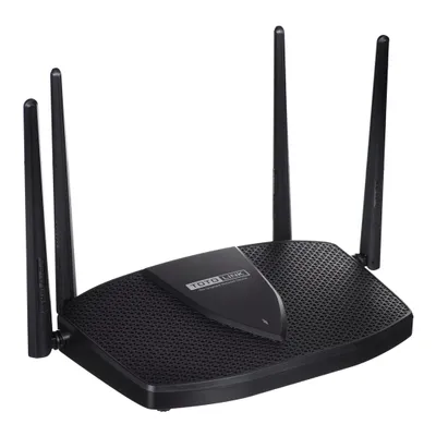 A black TOTOLINK X5000R AX1800 Wireless Dual Band Gigabit Router with four antennas is shown from a diagonal angle against a white background.