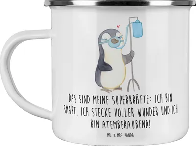 Produktbild von Mr. & Mrs. Panda Teetasse Pinguin  Sauerstoff - Weiß - Geschenk, Tasse Emaille, wandertasse, Sauerstofftherapie, Sauerstoffgerät, Kaffeepott, becher, Pott