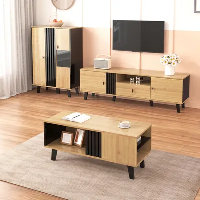 Produktbild von okwish stilvoller  TV-Schrank TV-Möbel, TV-Lowboard mit Schubladen, vielfältige Aufbewahrungsfunktionen, einzigartige Optik,mit 2 Türen,Schwarz + Holz