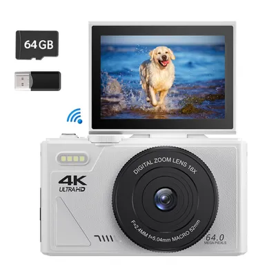 Obrázok produktu pre ZELURXX vlogovacia kamera 4K s WLAN a bleskom, 64MP digitálna kamera pre deti a začiatočníkov s flipovým displejom