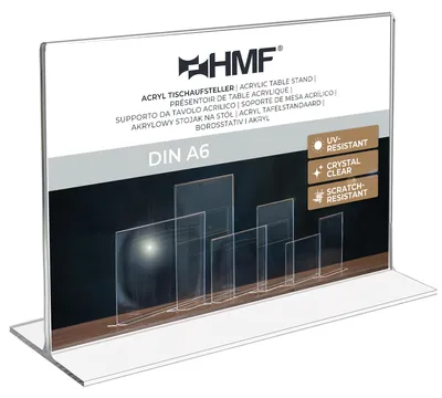 Produktbild von HMF Acryl Tischaufsteller DIN A6, Doppelseitiger T-Ständer Aufsteller | Querformat | Glasklar