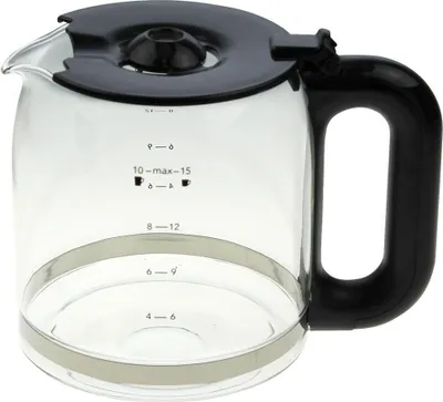 A clear glass coffee pot with a black lid and handle.