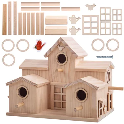 Image de Maisonnette pour oiseaux en bois, avec plusieurs entrées - 28,5 x 23,2 x 18 cm - Bois naturel