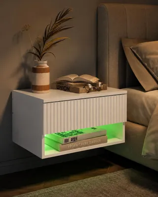 Zdjęcie produktu dla Nocna szafka - Szafka wisząca z szufladą - Półka do sypialni - Z oświetleniem RGB - 40 x 30 x 22,5 cm - Biała