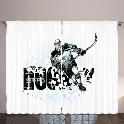 Produktbild von ARANDE Eishockey Gardine, Grunge Sketch Art eines professionellen Spieler Silhouette und Text mit Punkten, 280 x 225 cm, Schwarz Weiß Blassblau