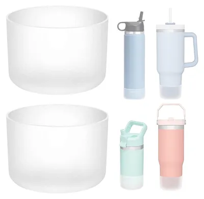 Produktbild von 2 Stück Silikon-Schutzhüllen für Stanley & Quencher Becher (30 oz und 40 oz) mit Henkel – Becherbodenhülle – Stanley & Becherzubehör, transparent