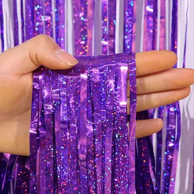 Produktbild von Lametta Vorhang 2 x 1 m, Lila glitzernd, holographisch Party Deko Fotohintergrund