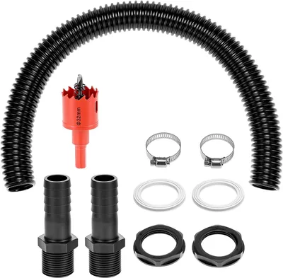 Imagen del producto de Kit de conexión para depósitos de agua de lluvia, con manguera flexible de 500 mm, fabricada en material PE, para uso en jardines