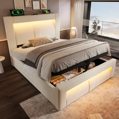 Image de OKWISH Lit Coffre 90x200 cm - Lit Capitonné avec LED Contrôlée par Application et Ports USB/Type-C, en Velours - sans Matelas Beige