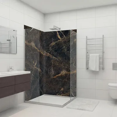 Produktbild von dedeco Eck-Duschrückwände Aluminium wasserfest Motiv: Marmor V2, 2 x 90x200x0,3cm, Badrückwand, Fliesenersatz fugenlos Wandverkleidung Wandpaneele,  Germany
