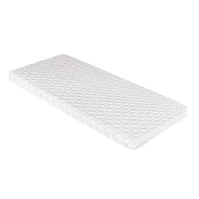 A white crib mattress with a textured surface is shown against a white background.