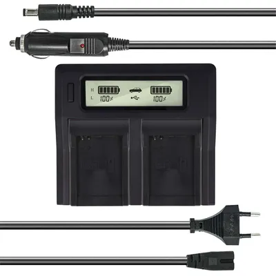 Produktbild von Dual Akku-Ladegerät kompatibel mit Samsung SB-LH73 - mit USB-Anschluss, LCD-Display und Kfz-Ladekabel - Schnellladegerät