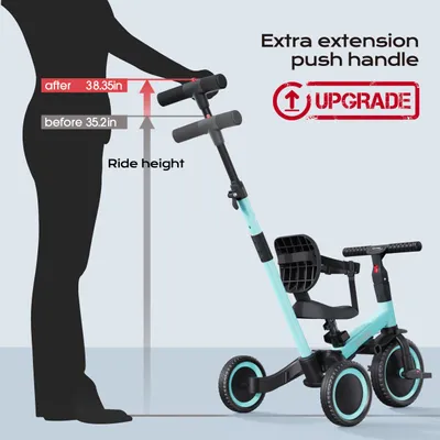Image de Tricycle 5-en-1 avec barre de poussée, à partir de 1 an, siège réglable, pédales amovibles, bleu, pour enfants