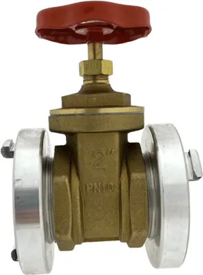 A close-up studio shot of a brass gate valve with a red handle and silver Storz couplings on either side, against a white background.