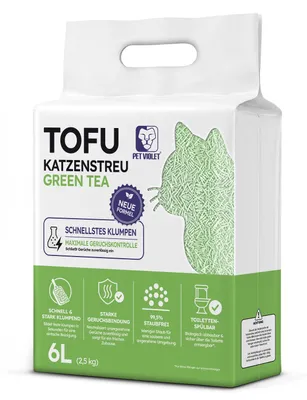 Produktbild von PET VIOLET Tofu Katzenstreu Green Tea 2,5 kg / 6 L stark klumpend, geruchsbindend, spülbar, KI-generiertes Bild