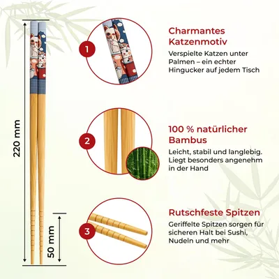Produktbild von Eßstäbchen Holz, 5 Paar, mit Designaufklebern, wiederverwendbar, für Sushi